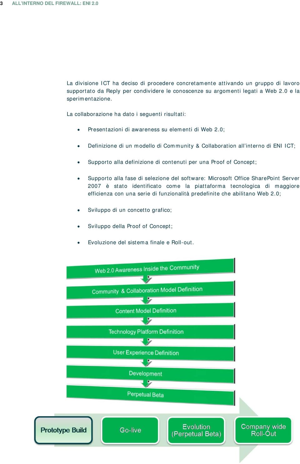 0; Definizione di un modello di Community & Collaboration all interno di ENI ICT; Supporto alla definizione di contenuti per una Proof of Concept; Supporto alla fase di selezione del software: