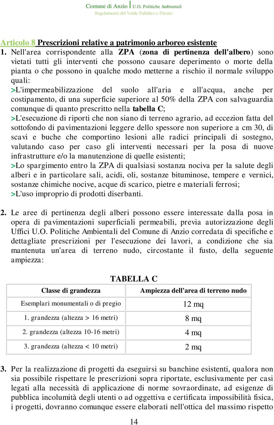 rischio il normale sviluppo quali: >L'impermeabilizzazione del suolo all'aria e all'acqua, anche per costipamento, di una superficie superiore al 50% della ZPA con salvaguardia comunque di quanto