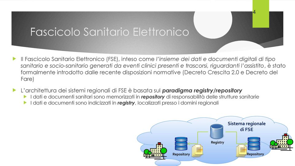 0 e Decreto del Fare) L architettura dei sistemi regionali di FSE è basata sul paradigma registry/repository I dati e documenti sanitari sono memorizzati in repository