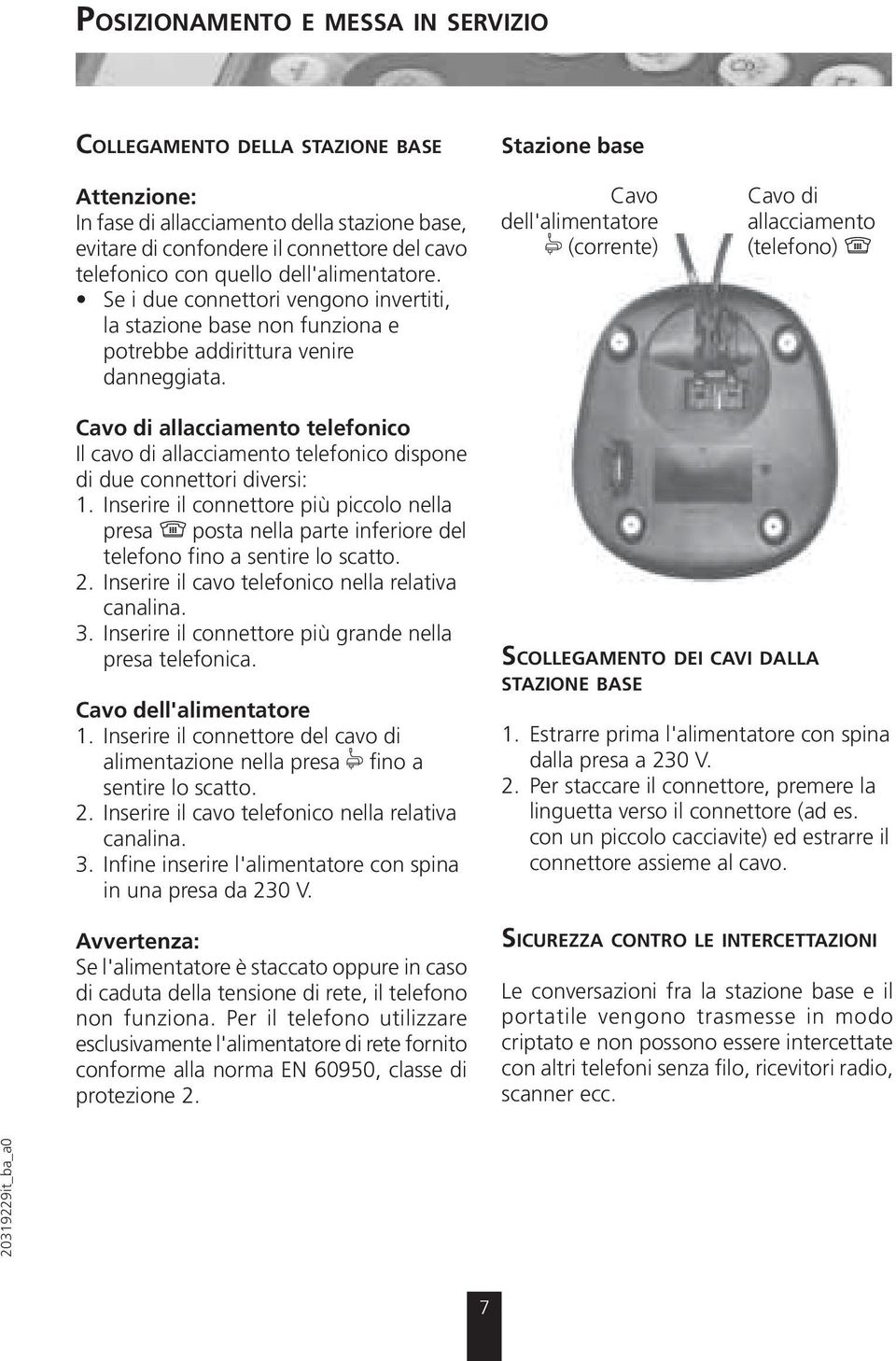 Stazione base Cavo dell'alimentatore (corrente) Cavo di allacciamento (telefono) Cavo di allacciamento telefonico Il cavo di allacciamento telefonico dispone di due connettori diversi: 1.