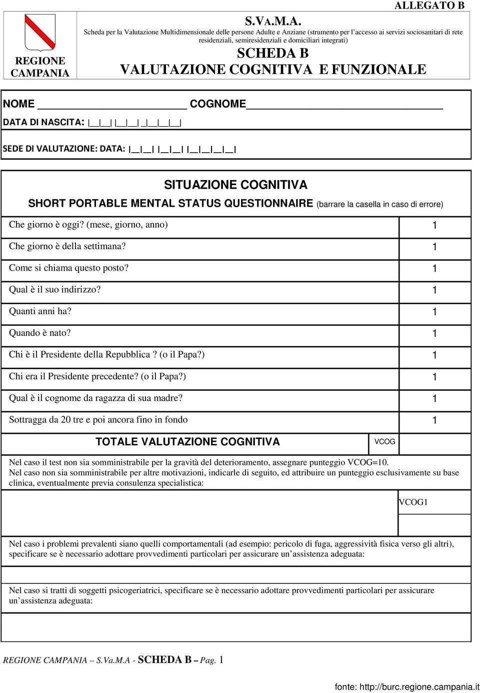 domiciliari integrati) SCHEDA B VALUTAZIONE COGNITIVA E FUNZIONALE NOME COGNOME DATA DI NASCITA: _ SEDE DI VALUTAZIONE: DATA: SITUAZIONE COGNITIVA SHORT PORTABLE MENTAL STATUS QUESTIONNAIRE (barrare