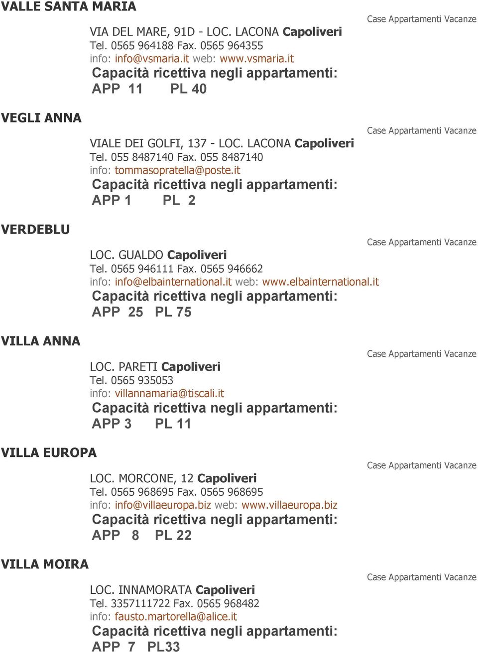 it web: www.elbainternational.it APP 25 PL 75 VILLA ANNA LOC. PARETI Capoliveri Tel. 0565 935053 info: villannamaria@tiscali.it APP 3 PL 11 VILLA EUROPA VILLA MOIRA LOC.