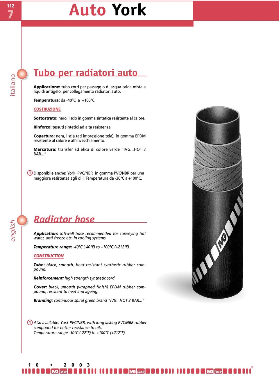 Rinforzo: tessuti sintetici ad alta resistenza Copertura: nera, liscia (ad impressione tela), in gomma EPDM resistente al calore e all invecchiamento. Marcatura: transfer ad elica di colore verde IVG.