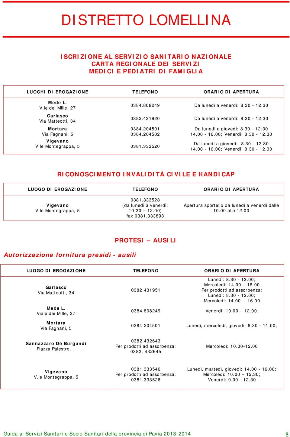 le Montegrappa, 5 0381.333520 Da lunedì a giovedì: 8.30-12.30 14.00-16.00; Venerdì: 8.30-12.30 Da lunedì a giovedì: 8.30-12.30 14.00-16.00; Venerdì: 8.30-12.30 RICONOSCIMENTO INVALIDITÁ CIVILE E HANDICAP Vigevano V.