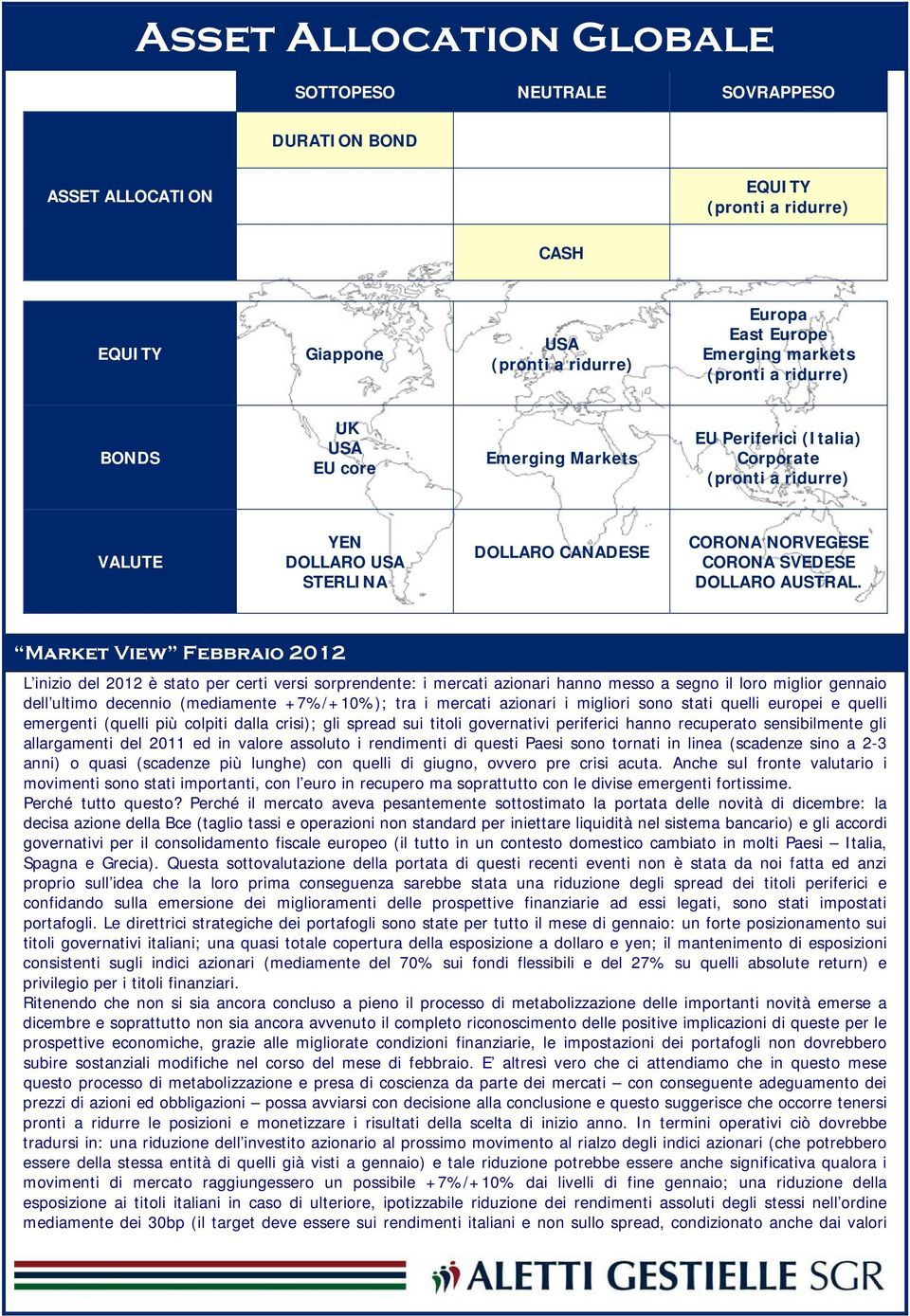 Market View Febbraio 2012 L inizio del 2012 è stato per certi versi sorprendente: i mercati azionari hanno messo a segno il loro miglior gennaio dell ultimo decennio (mediamente +7%/+10%); tra i