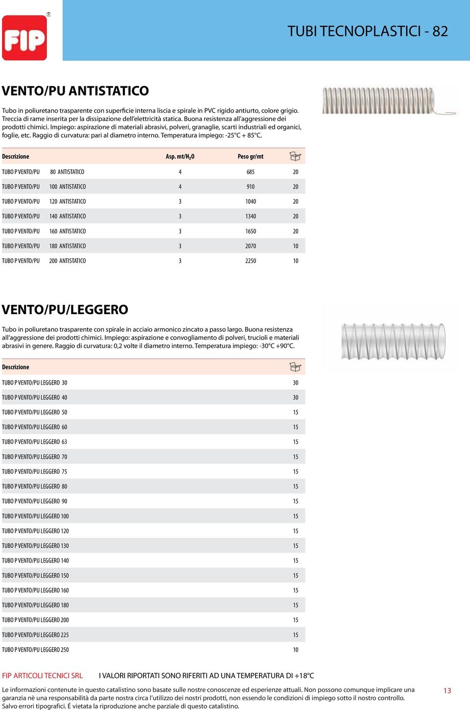 Impiego: aspirazione di materiali abrasivi, polveri, granaglie, scarti industriali ed organici, foglie, etc. Raggio di curvatura: pari al diametro interno. Temperatura impiego: -25 C + 85 C. Asp.