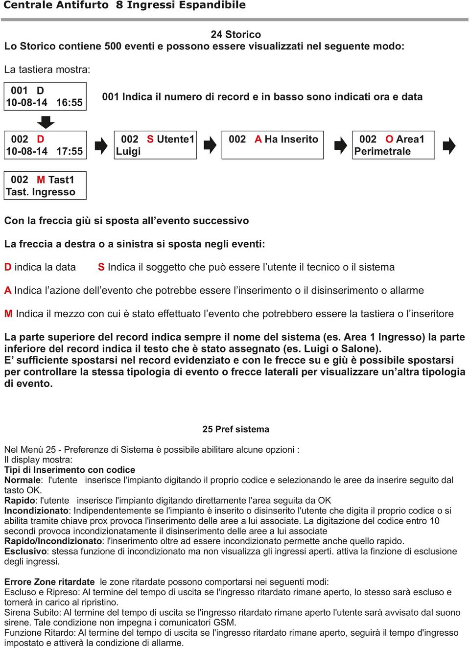 Ingresso Con la freccia giù si sposta all evento successivo La freccia a destra o a sinistra si sposta negli eventi: D indica la data S Indica il soggetto che può essere l utente il tecnico o il