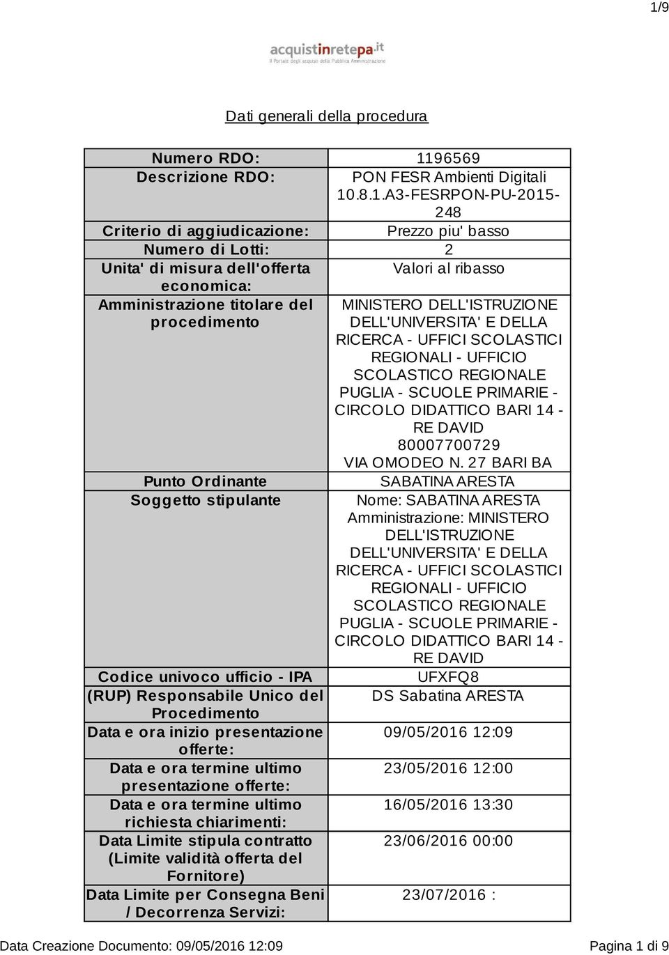 SCOLASTICO REGIONALE PUGLIA - SCUOLE PRIMARIE - CIRCOLO DIDATTICO BARI 14 - RE DAVID 80007700729 VIA OMODEO N.