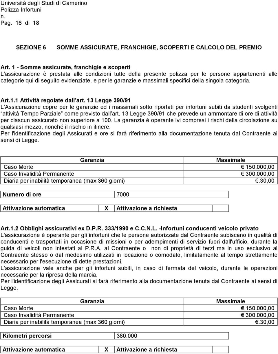 garanzie e massimali specifici della singola categoria. Art.1.1 Attività regolate dall art.