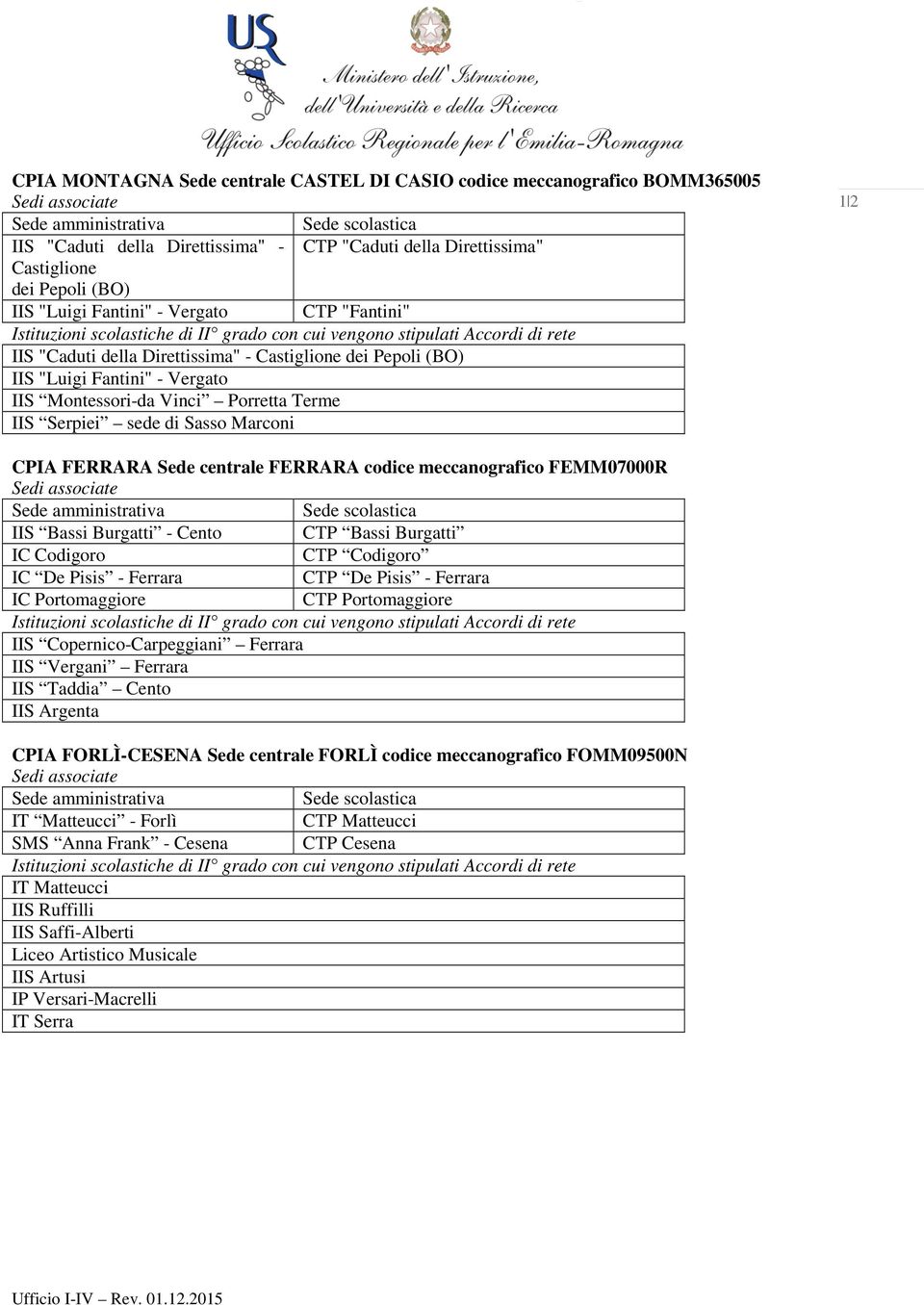 FERRARA Sede centrale FERRARA codice meccanografico FEMM07000R IIS Bassi Burgatti - Cento CTP Bassi Burgatti IC Codigoro CTP Codigoro IC De Pisis - Ferrara CTP De Pisis - Ferrara IC Portomaggiore CTP