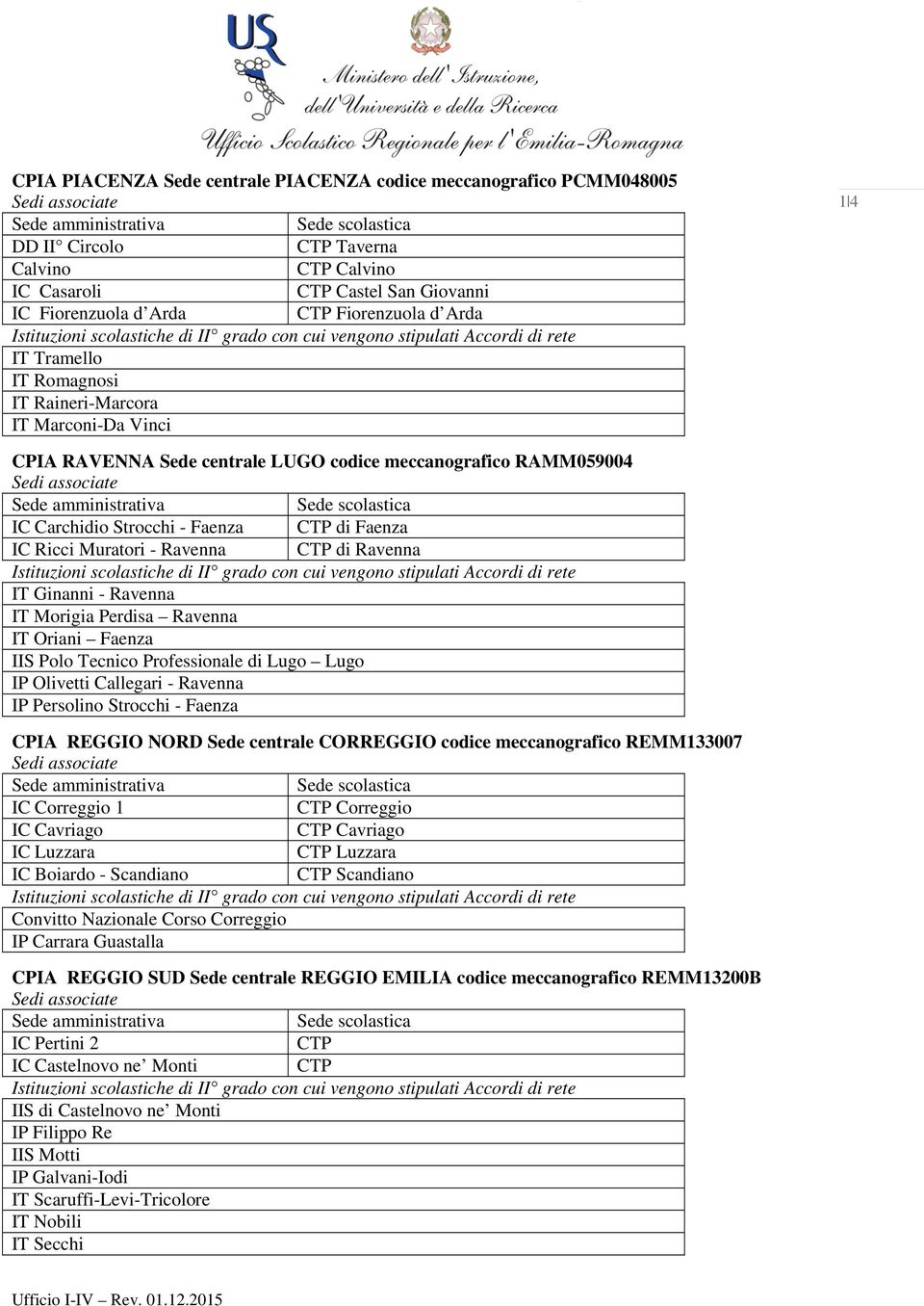 Ravenna CTP di Ravenna IT Ginanni - Ravenna IT Morigia Perdisa Ravenna IT Oriani Faenza IIS Polo Tecnico Professionale di Lugo Lugo IP Olivetti Callegari - Ravenna IP Persolino Strocchi - Faenza CPIA