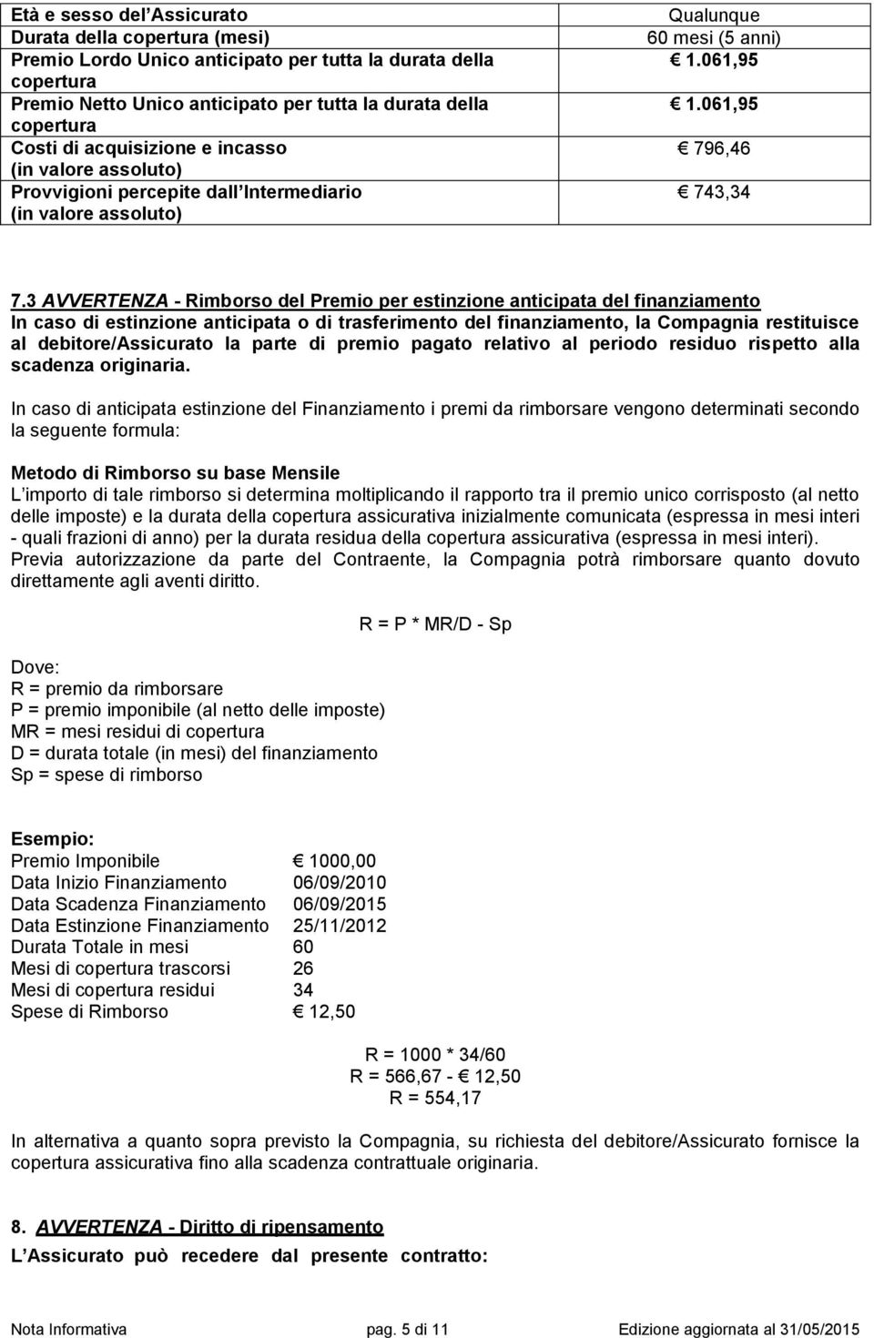 3 AVVERTENZA - Rimborso del Premio per estinzione anticipata del finanziamento In caso di estinzione anticipata o di trasferimento del finanziamento, la Compagnia restituisce al debitore/assicurato