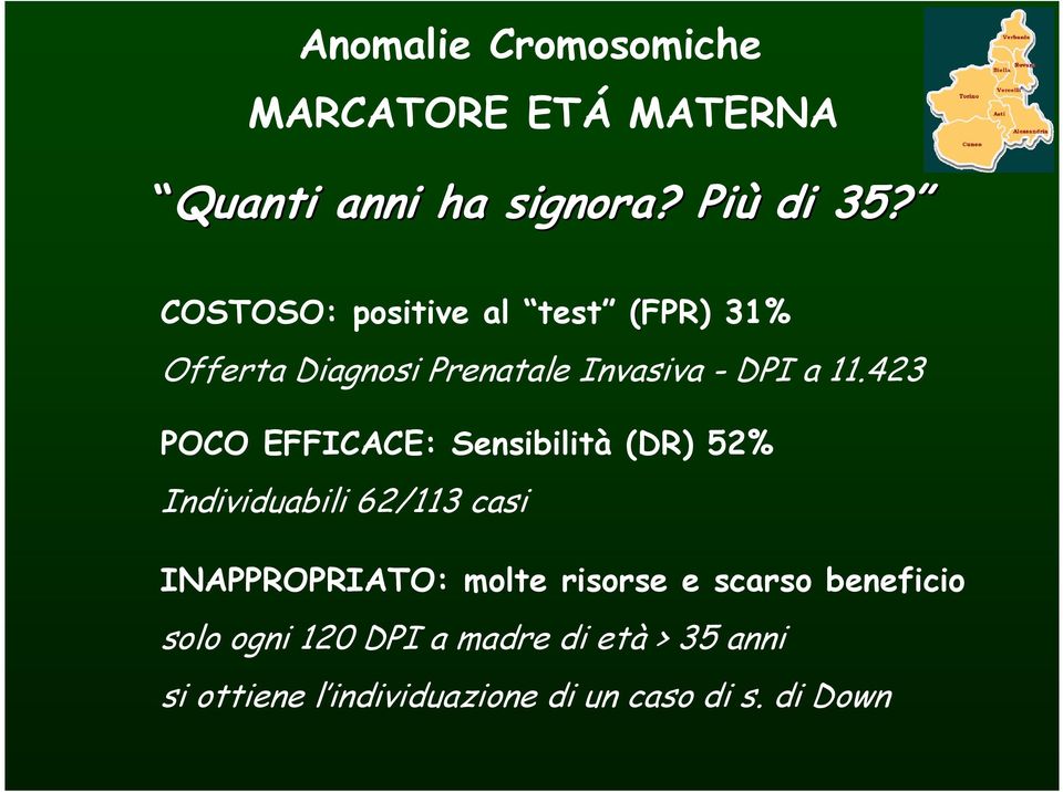 423 POCO EFFICACE: Sensibilità (DR) 52% Individuabili 62/113 casi INAPPROPRIATO: molte