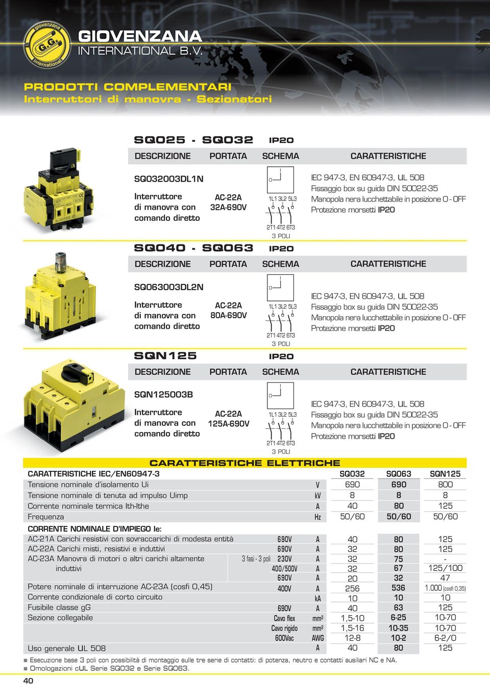 comando diretto SQN25 C-22 8-69V I L 3L2 5L3 2T 4T2 6T3 3 POLI IP2 IEC 947-3, EN 6947-3, ul 58 Fissaggio box su guida DIN 522-35 Manopola nera lucchettabile in posizione - OFF Protezione morsetti IP2