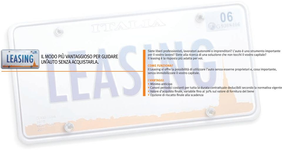 COME FUNZIONA? Il Leasing vi offre la possibilità di utilizzare l auto senza esserne proprietari e, cosa importante, senza immobilizzare il vostro capitale.