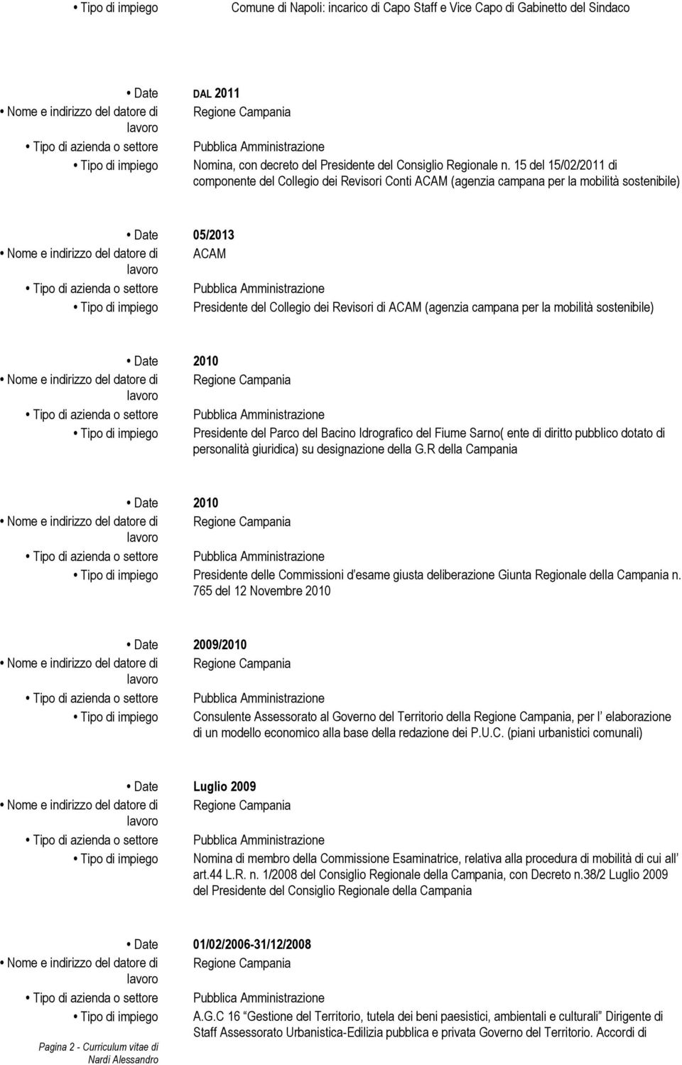 la mobilità sostenibile) Date 2010 Presidente del Parco del Bacino Idrografico del Fiume Sarno( ente di diritto pubblico dotato di personalità giuridica) su designazione della G.