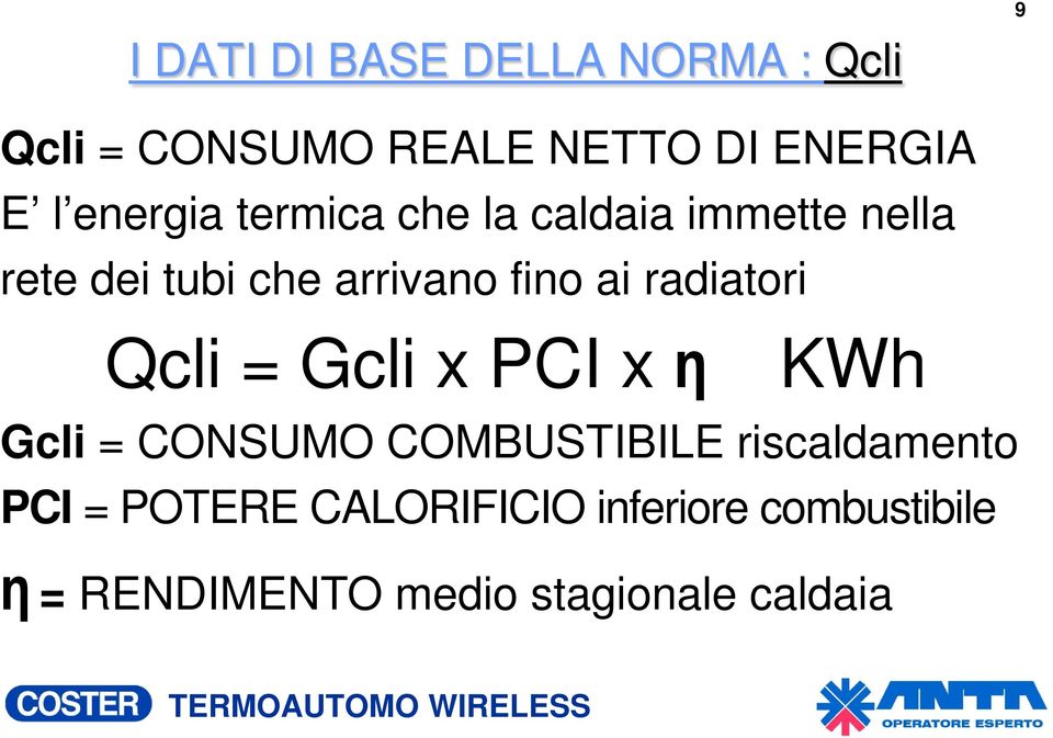 radiatori Qcli = Gcli x PCI x η KWh Gcli = CONSUMO COMBUSTIBILE riscaldamento