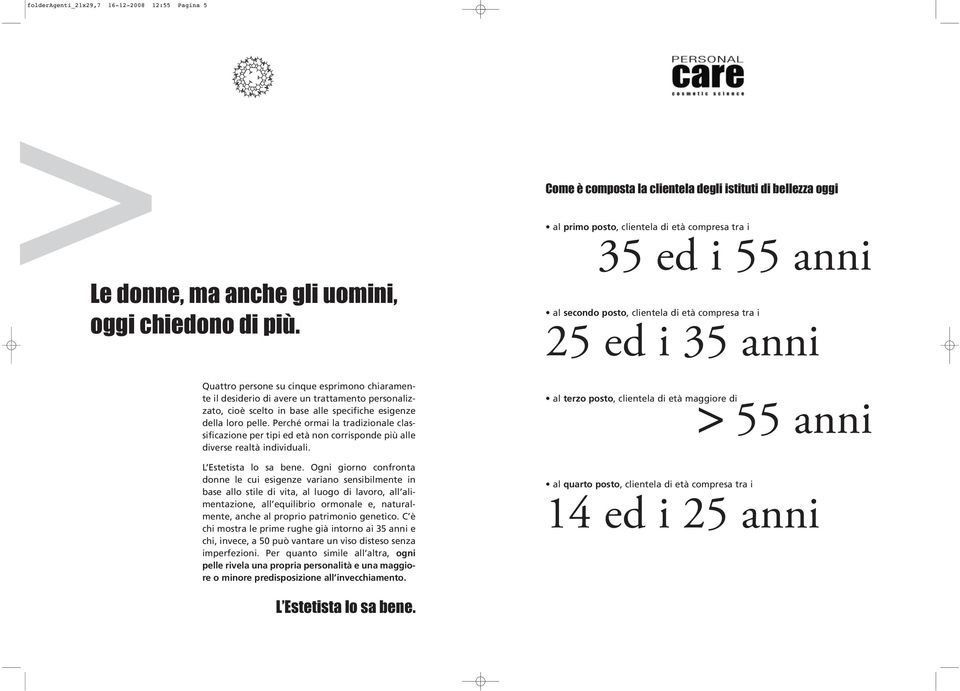 Perché ormai la tradizionale classificazione per tipi ed età non corrisponde più alle diverse realtà individuali. L Estetista lo sa bene.