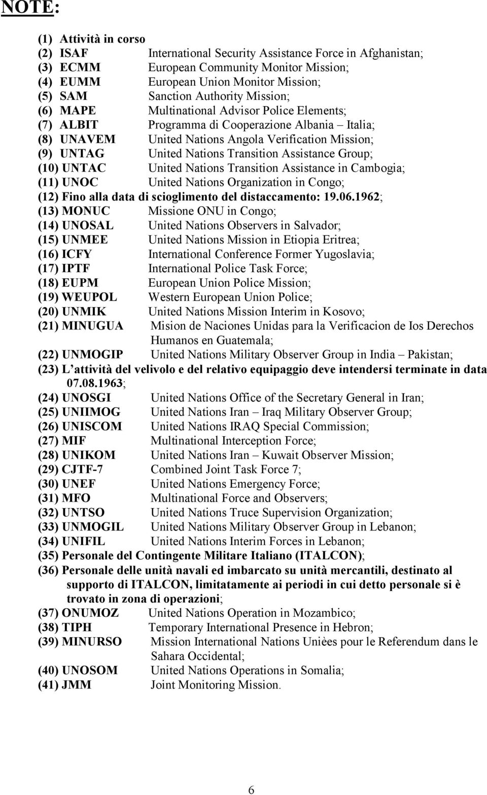 Transition Assistance Group; (10) UNTAC United Nations Transition Assistance in Cambogia; (11) UNOC United Nations Organization in Congo; (12) Fino alla data di scioglimento del distaccamento: 19.06.