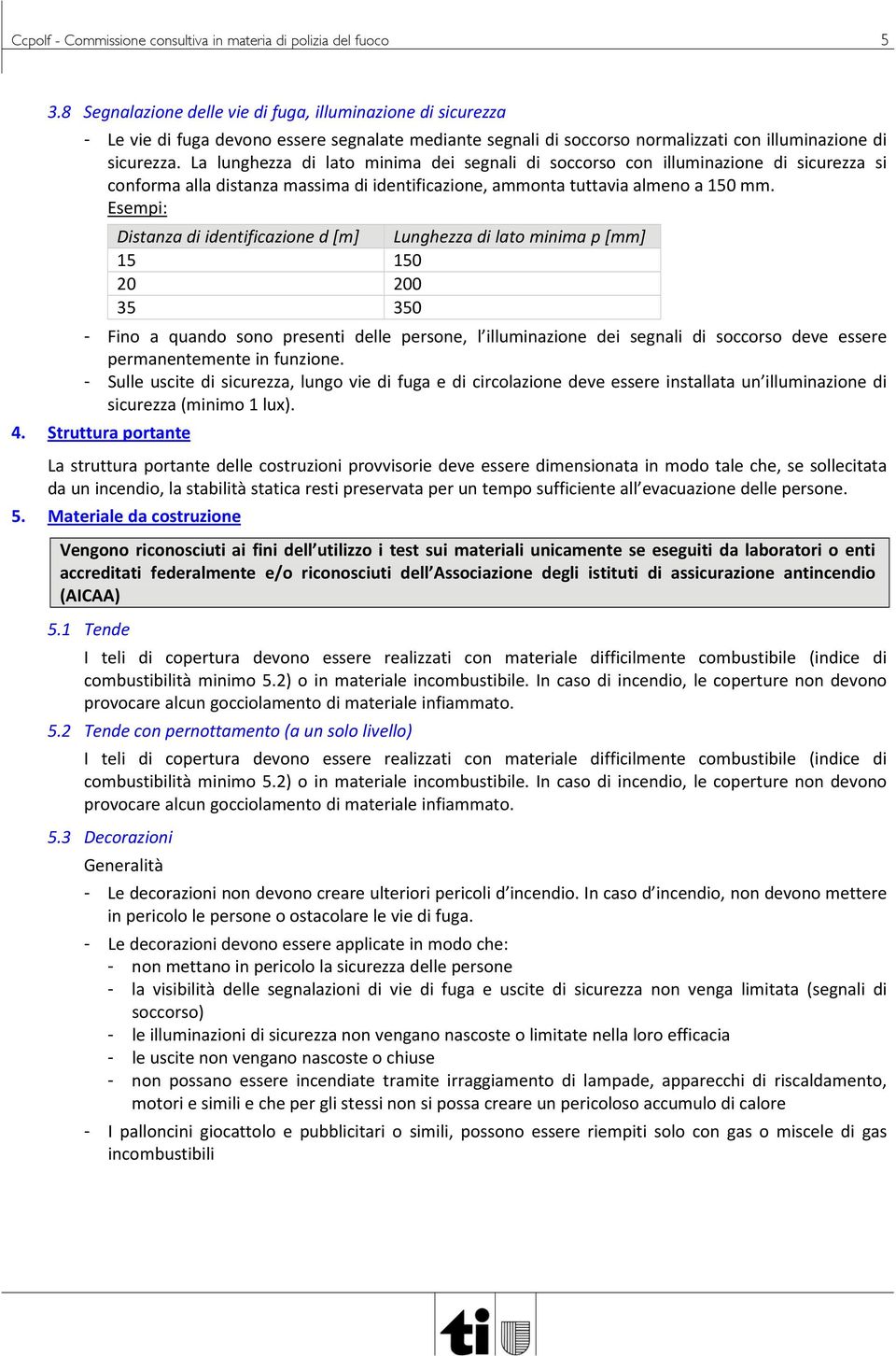 La lunghezza di lato minima dei segnali di soccorso con illuminazione di sicurezza si conforma alla distanza massima di identificazione, ammonta tuttavia almeno a 150 mm.