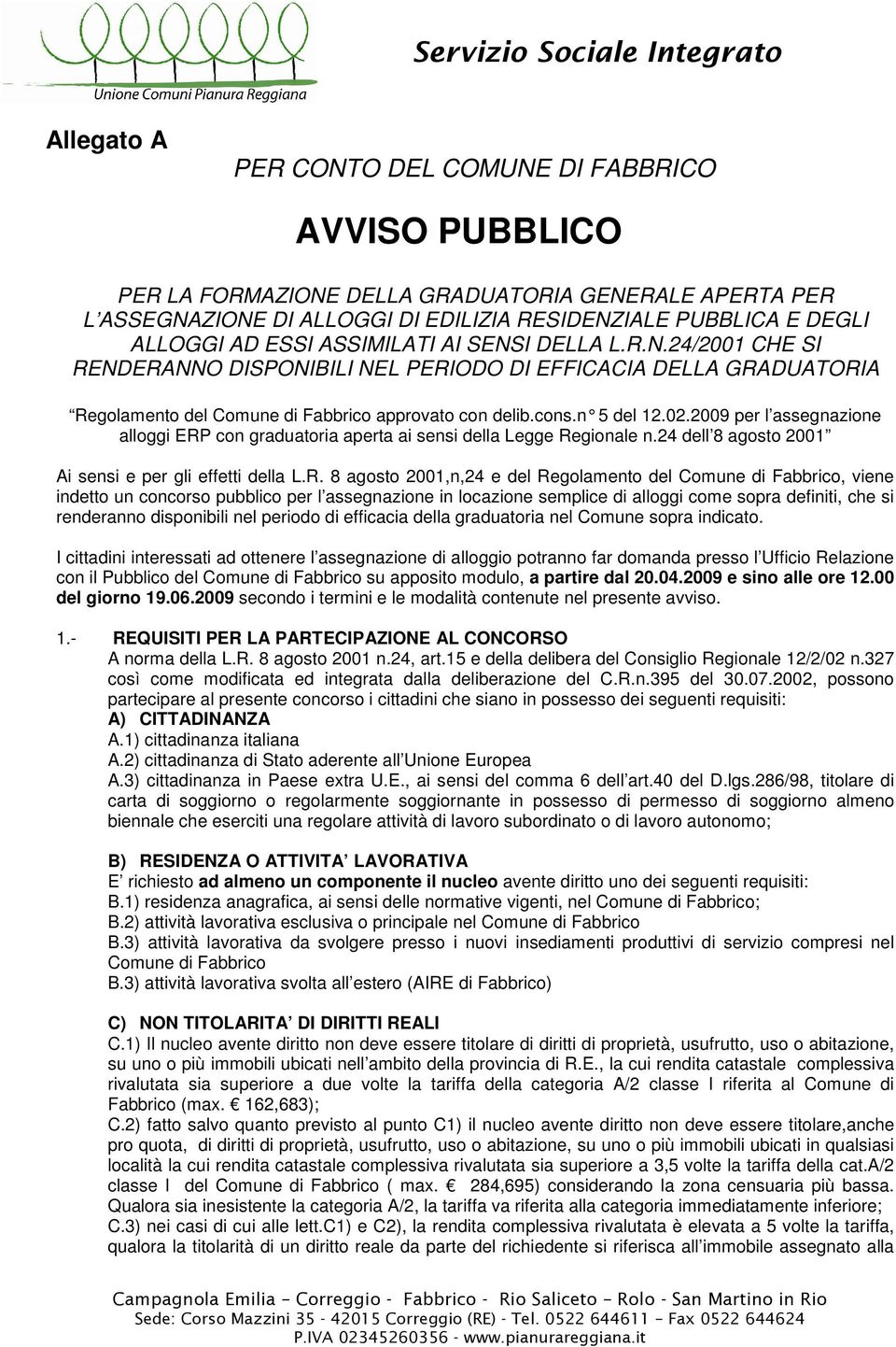 2009 per l assegnazione alloggi ERP