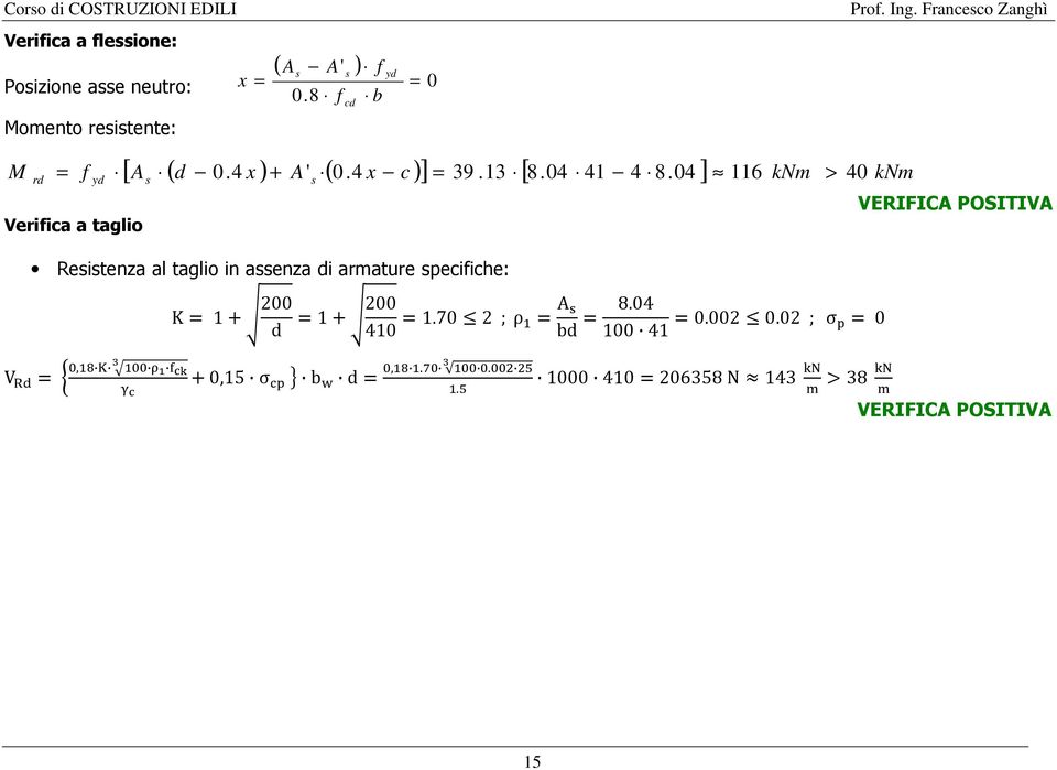04 ] 116 knm > knm M rd f yd s s 40 Verifica a taglio Resistenza al taglio in assenza di armature