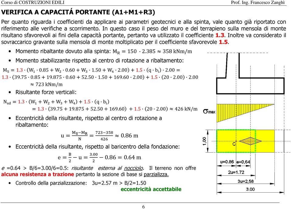 Inoltre va considerato il sovraccarico gravante sulla mensola di monte moltiplicato per il coefficiente sfavorevole 1.5. Momento ribaltante dovuto alla spinta: M 150.