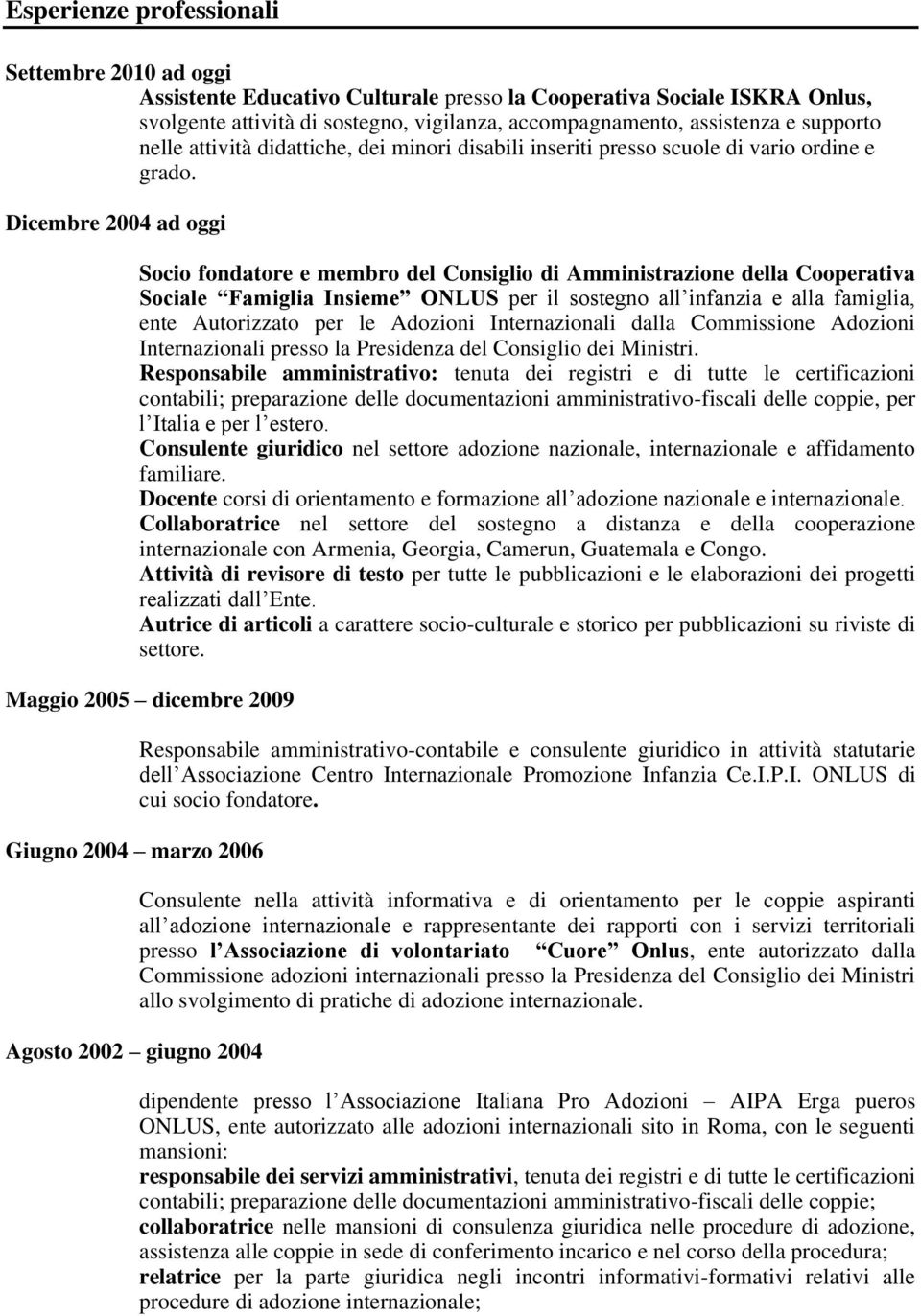 Dicembre 2004 ad oggi Socio fondatore e membro del Consiglio di Amministrazione della Cooperativa Sociale Famiglia Insieme ONLUS per il sostegno all infanzia e alla famiglia, ente Autorizzato per le