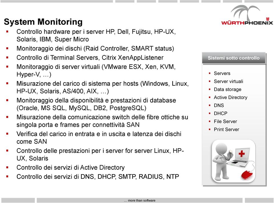 disponibilità e prestazioni di database (Oracle, MS SQL, MySQL, DB2, PostgreSQL) Misurazione della comunicazione switch delle fibre ottiche su singola porta e frames per connettività SAN Verifica del