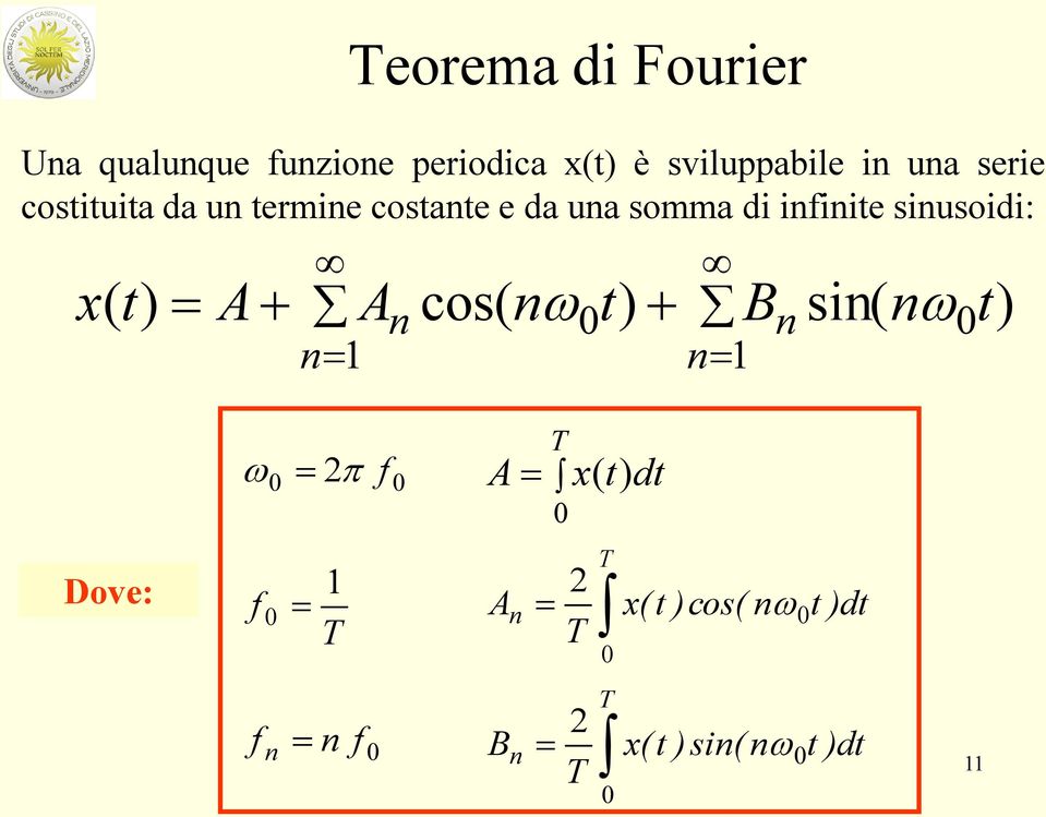 x( t) A n1 A n cos( n 0 t) Bn sin( n0t) n1 0 2 f 0 A T 0 x( t) dt Dove: f 0 1 T