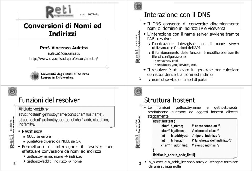 it/professori/auletta/ Università degli studi di Salerno Laurea in Informatica 1 Il DNS consente di convertire dinamicamente nomi di dominio in indirizzi IP e viceversa L interazione con il name