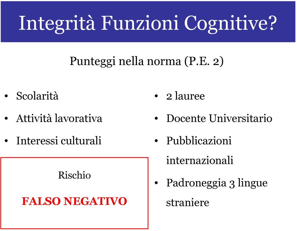 Rischio FALSO NEGATIVO 2 lauree Docente Universitario