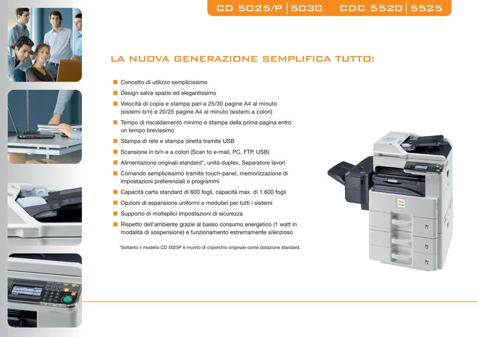 in b/n e a colori (Scan to e-mail, PC, FTP, USB) Alimentazione originali standard*, unità duplex, Separatore lavori Comando semplicissimo tramite touch-panel, memorizzazione di impostazioni