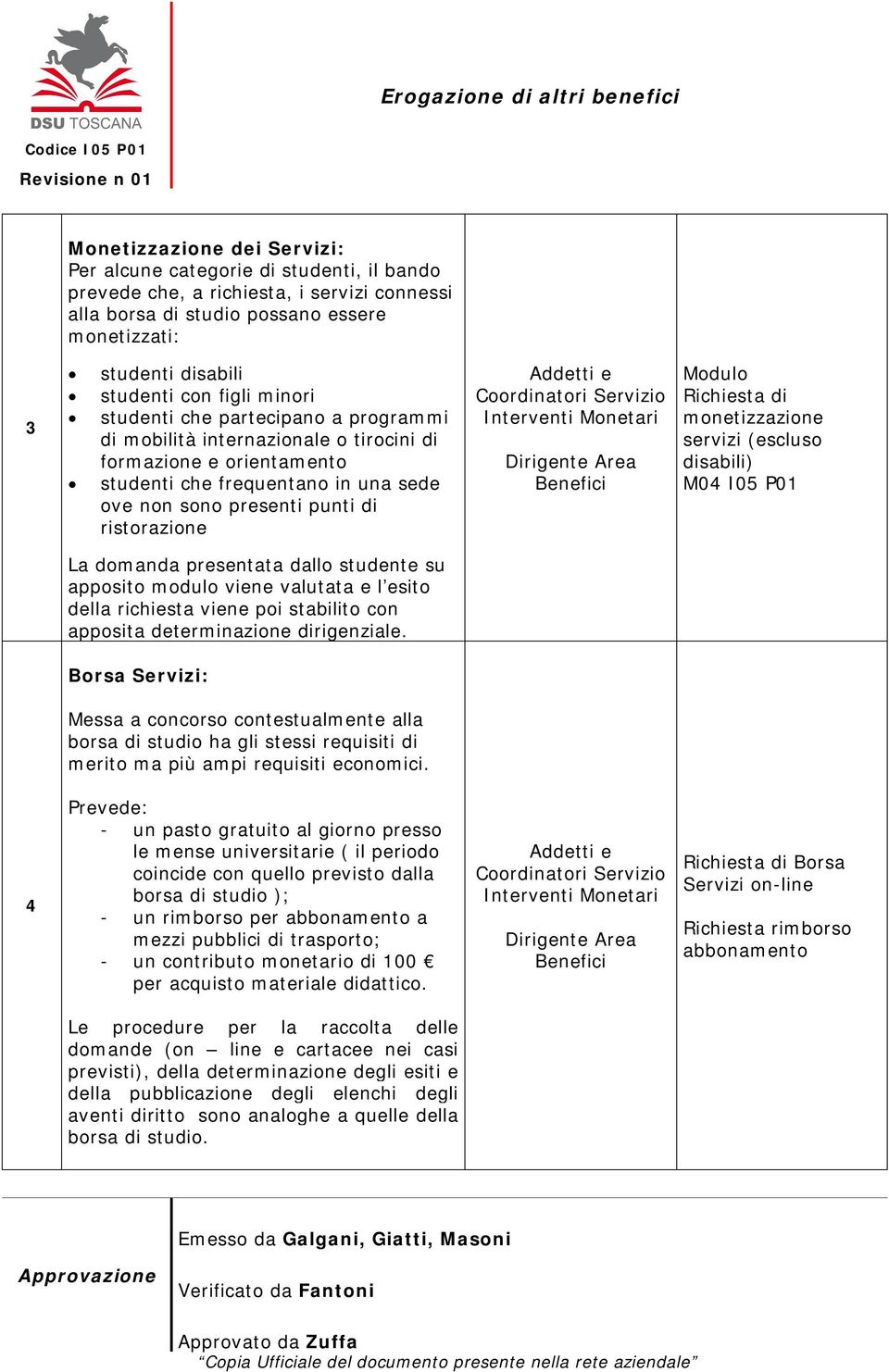 Modulo Richiesta di monetizzazione servizi (escluso disabili) M04 I05 P01 La domanda presentata dallo studente su apposito modulo viene valutata e l esito della richiesta viene poi stabilito con