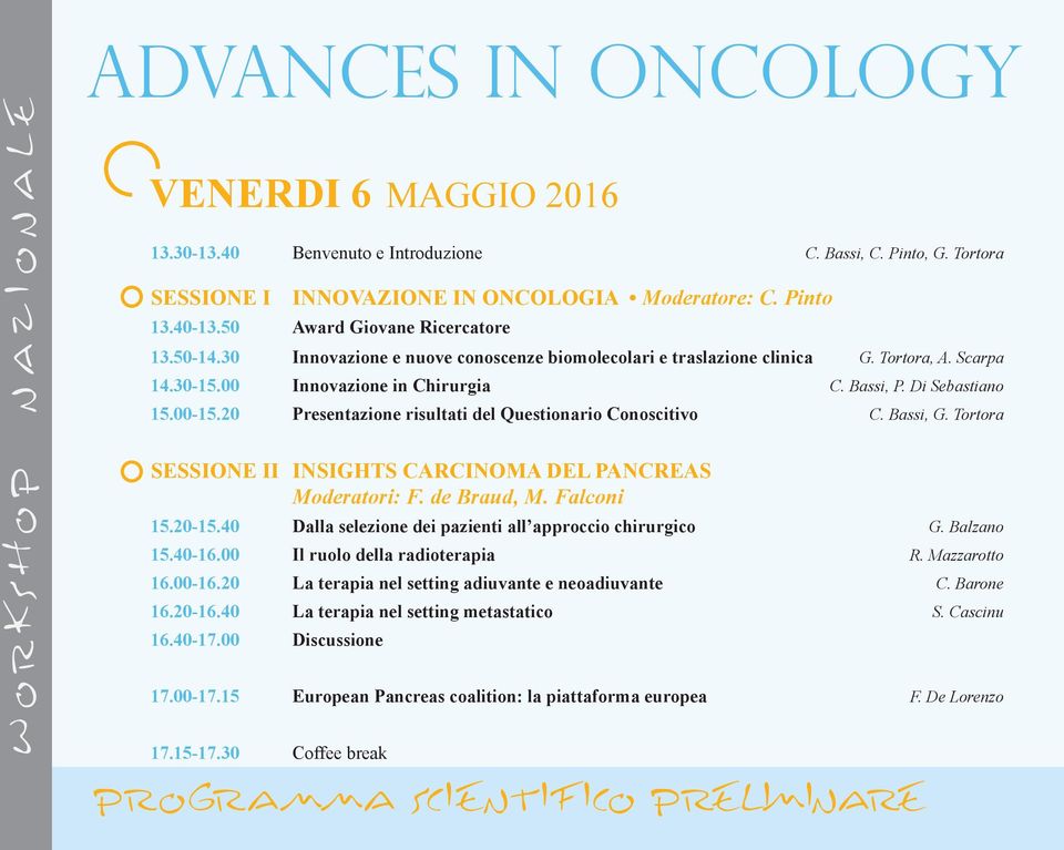 20 Presentazione risultati del Questionario Conoscitivo C. Bassi, G. Tortora SESSIONE II INSIGHTS CARCINOMA DEL PANCREAS Moderatori: F. de Braud, M. Falconi 15.20-15.