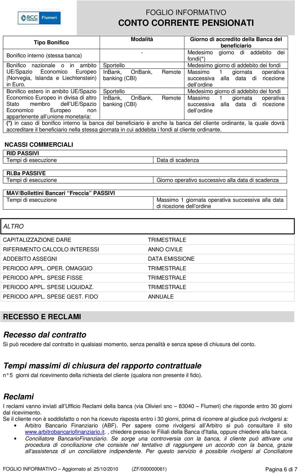 - Medesimo giorno di addebito dei fondi(*) Sportello Medesimo giorno di addebito dei fondi InBank, OnBank, Remote banking (CBI) successiva alla data di ricezione dell ordine Sportello InBank, OnBank,