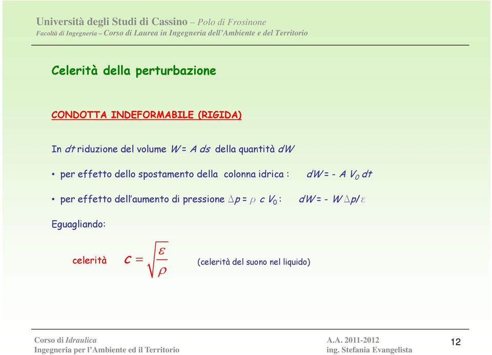 colonna idrica : dw = - A V 0 dt per effetto dell aumento di pressione Dp = r