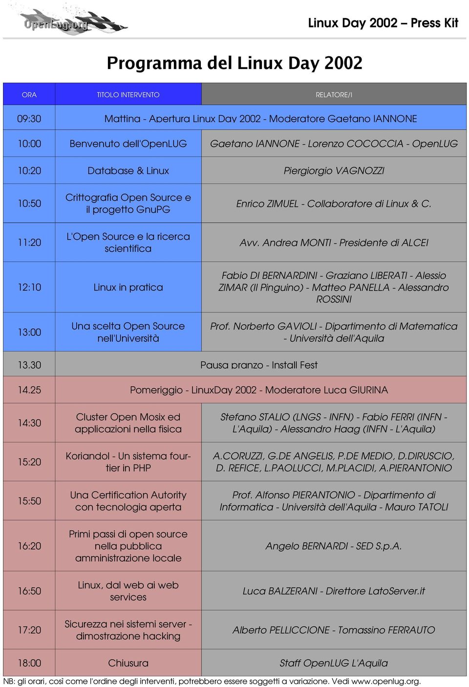 Andrea MONTI - Presidente di ALCEI 12:10 Linux in pratica Fabio DI BERNARDINI - Graziano LIBERATI - Alessio ZIMAR (Il Pinguino) - Matteo PANELLA - Alessandro ROSSINI 13:00 Una scelta Open Source