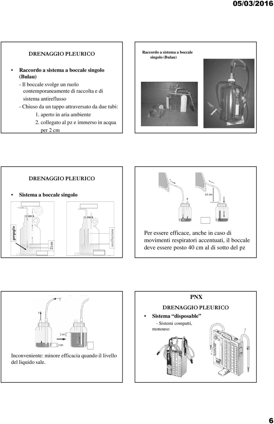 collegato al pz e immerso in acqua per 2 cm Sistema a boccale singolo gorgoglio 2cm oscillazione Per essere efficace, anche in caso di movimenti