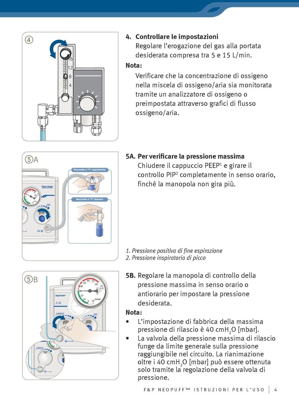 Per verificare la pressione massima Chiudere il cappuccio PEEP1 e girare il controllo 2 completamente in senso orario, finché la manopola non gira più. A 1. Pressione positiva di fine espirazione 2.