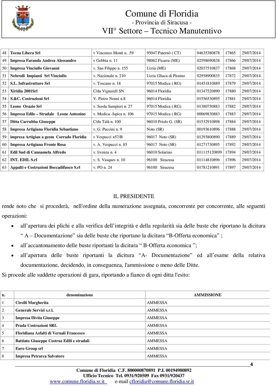 210 Ucria Gliaca di Piraino 02958900835 17872 29/07/2014 52 S.L. Infrastrutture Srl v. Toscano n.