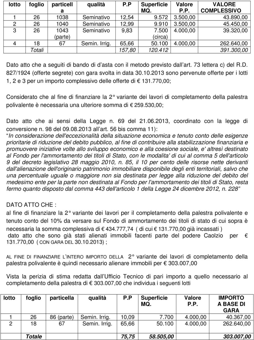 300,00 Dato atto che a seguiti di bando di d asta con il metodo previsto dall art. 73 lettera c) del R.D. 827/1924 (offerte segrete) con gara svolta in data 30.10.