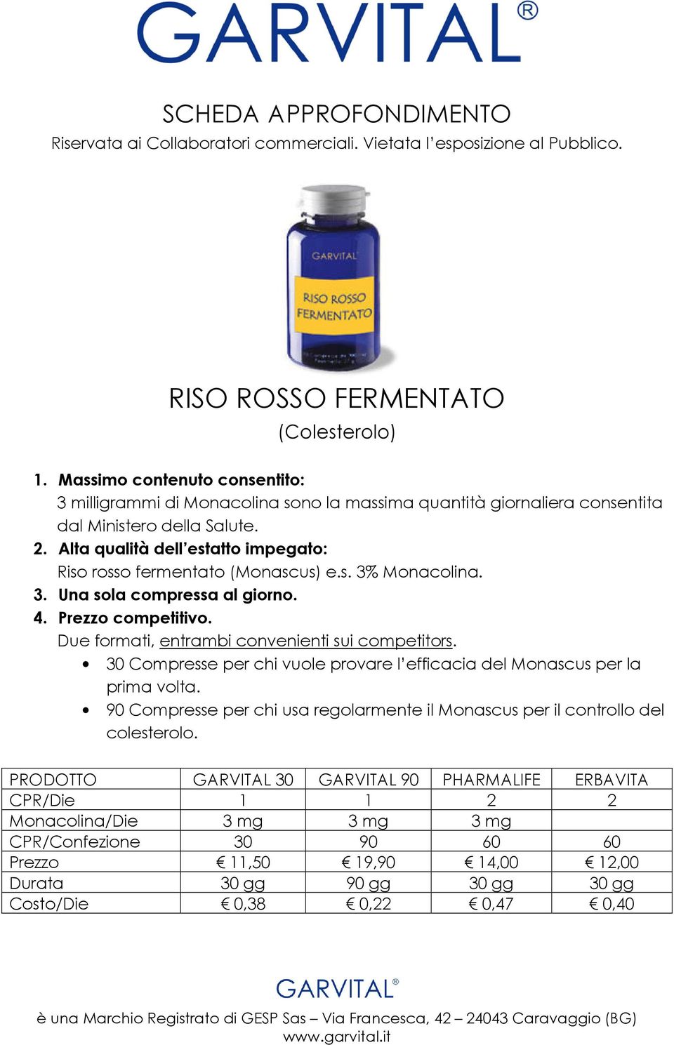 Due formati, entrambi convenienti sui competitors. 30 Compresse per chi vuole provare l efficacia del Monascus per la prima volta.