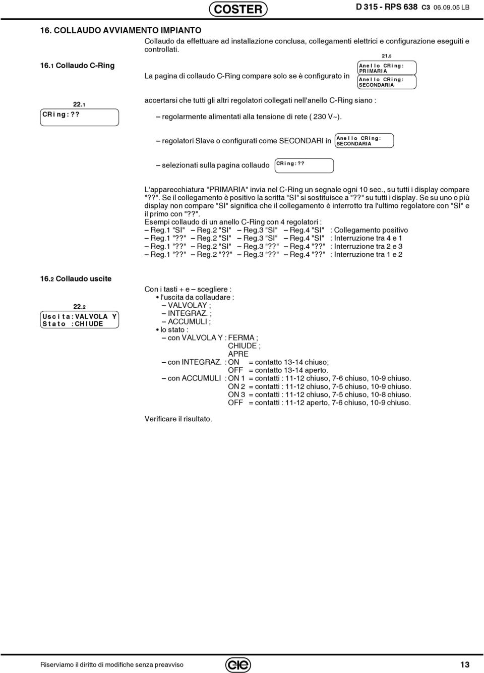 1 accertarsi che tutti gli altri regolatori collegati nell'anello C-Ring siano : regolarmente alimentati alla tensione di rete ( 230 V~).