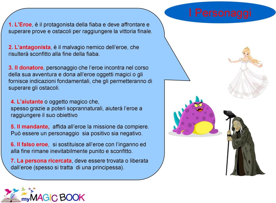 Il donatore, personaggio che l eroe incontra nel corso della sua avventura e dona all eroe oggetti magici o gli fornisce indicazioni fondamentali, che gli permetteranno di superare gli ostacoli. 4.