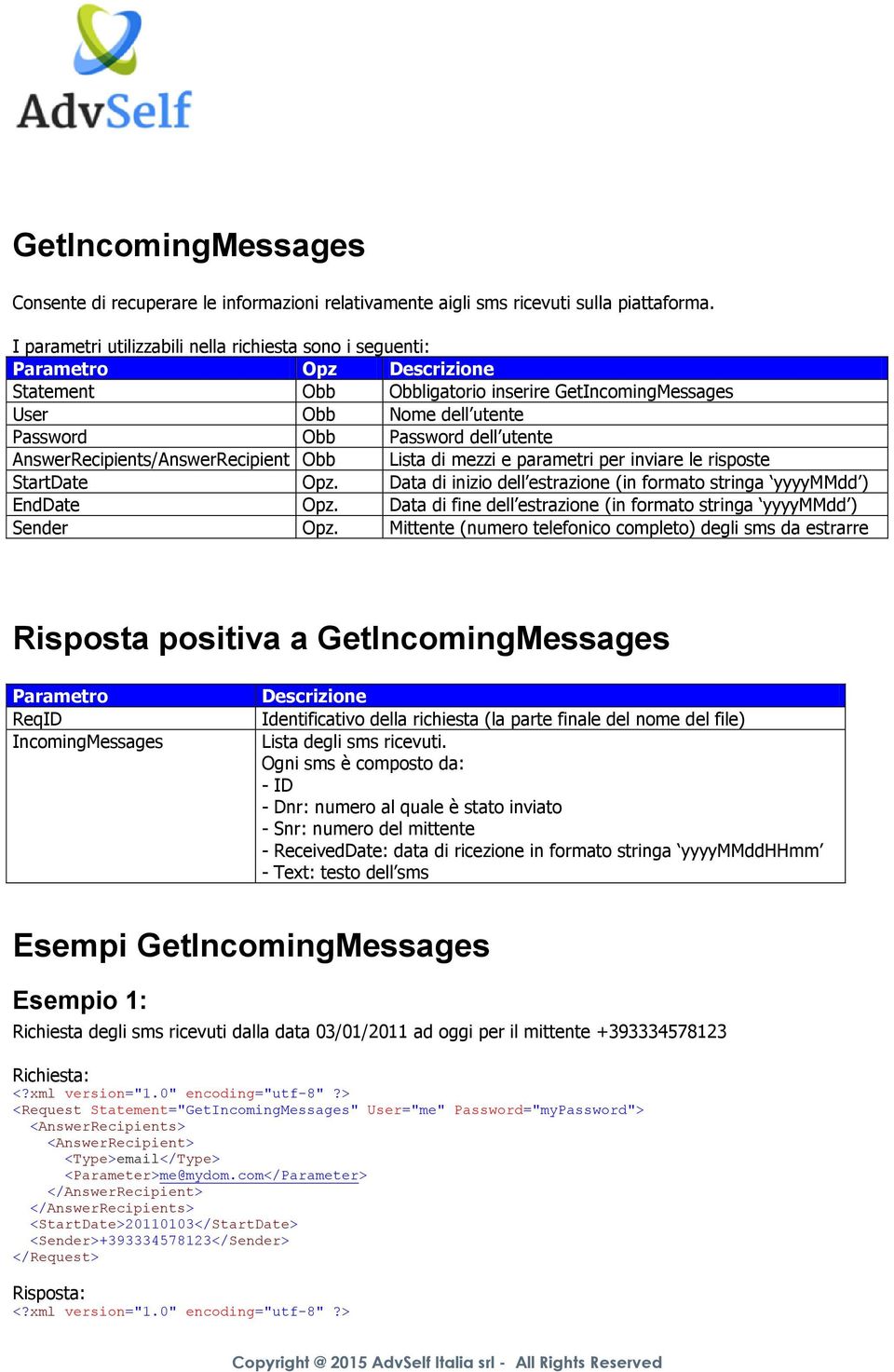 AnswerRecipients/AnswerRecipient Obb Lista di mezzi e parametri per inviare le risposte StartDate Opz. Data di inizio dell estrazione (in formato stringa yyyymmdd ) EndDate Opz.