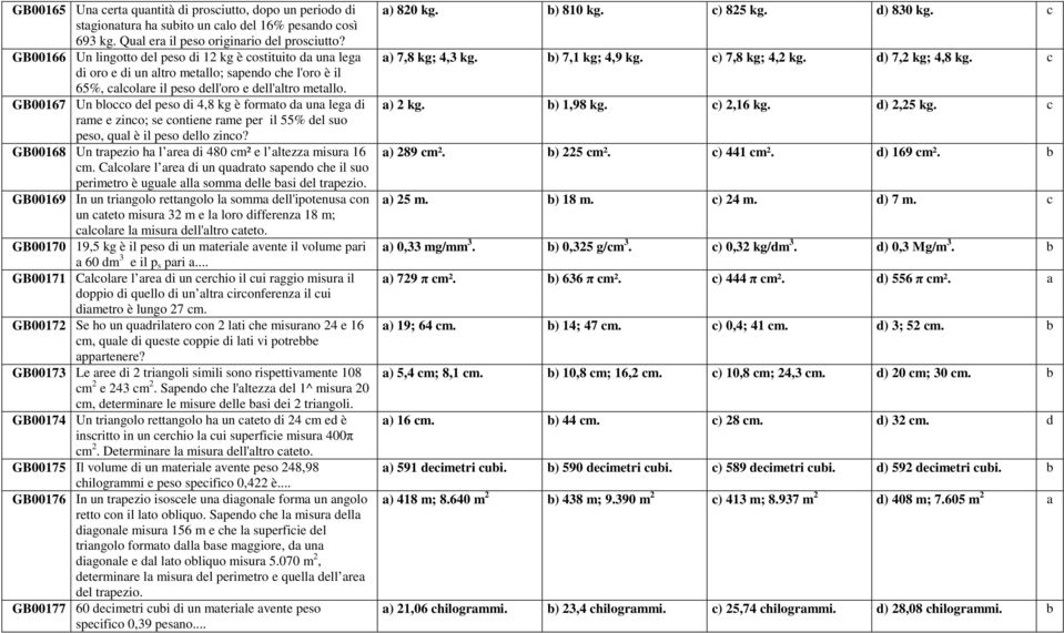 GB00167 Un blocco del peso di 4,8 kg è formato da una lega di rame e zinco; se contiene rame per il 55% del suo peso, qual è il peso dello zinco?