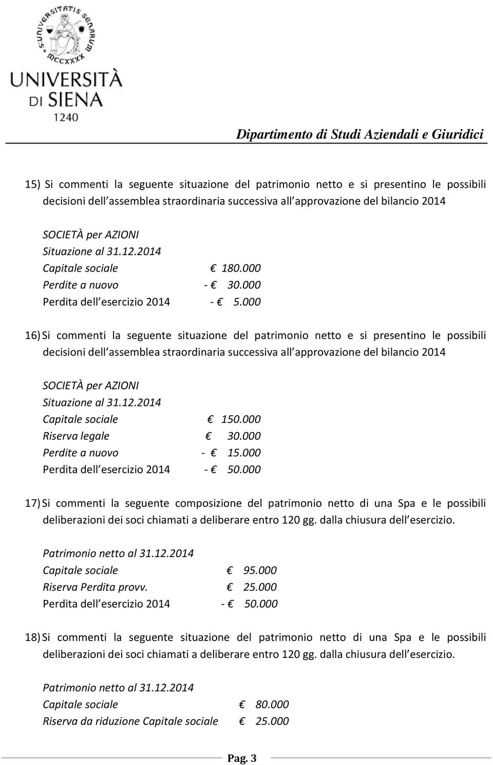 000 16) Si commenti la seguente situazione del patrimonio netto e si presentino le possibili decisioni dell assemblea straordinaria successiva all approvazione del bilancio 2014 SOCIETÀ per AZIONI