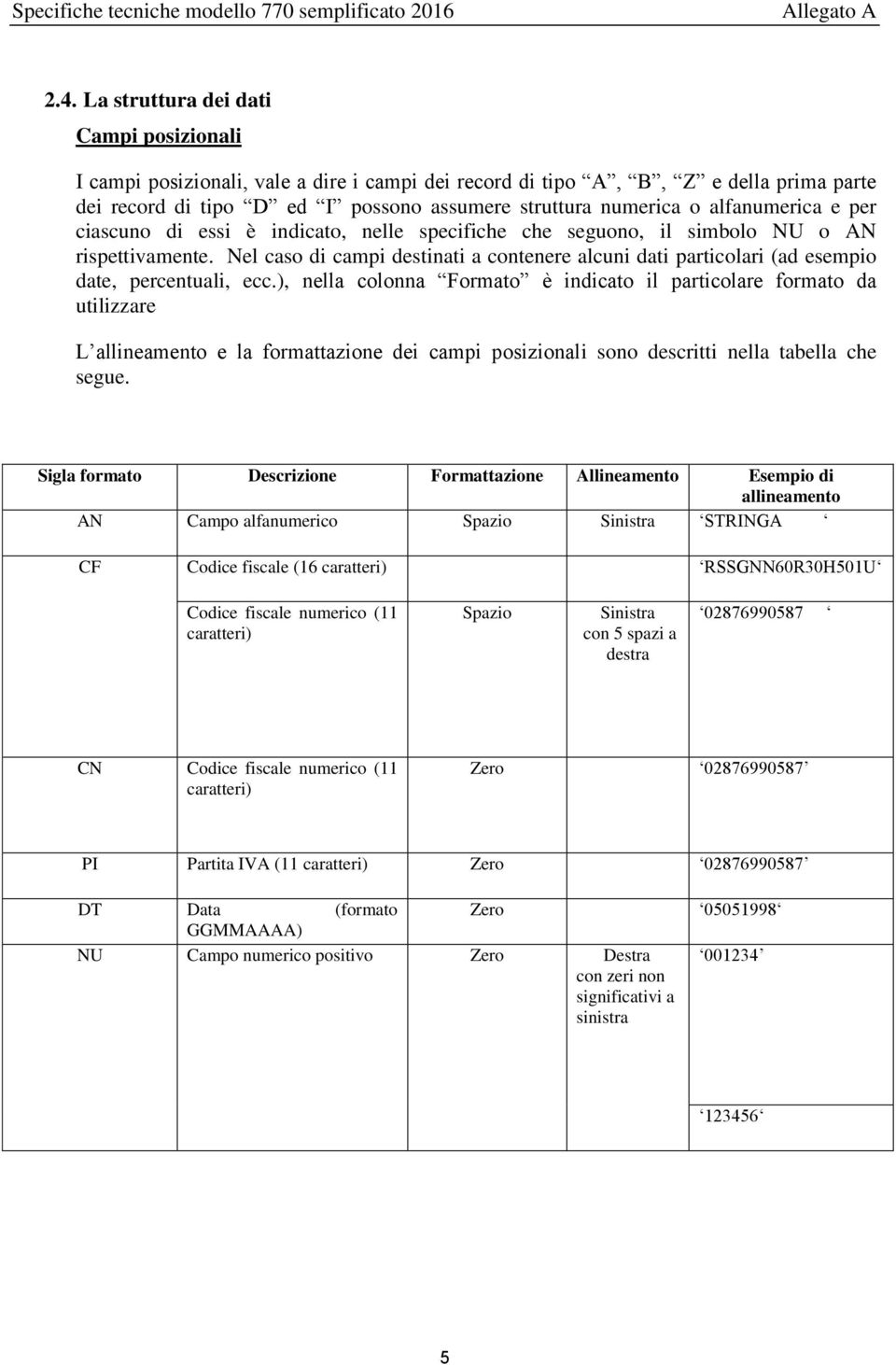 per ciascuno di essi è indicato, nelle specifiche che seguono, il simbolo NU o AN rispettivamente. Nel caso di campi destinati a contenere alcuni dati particolari (ad esempio date, percentuali, ecc.