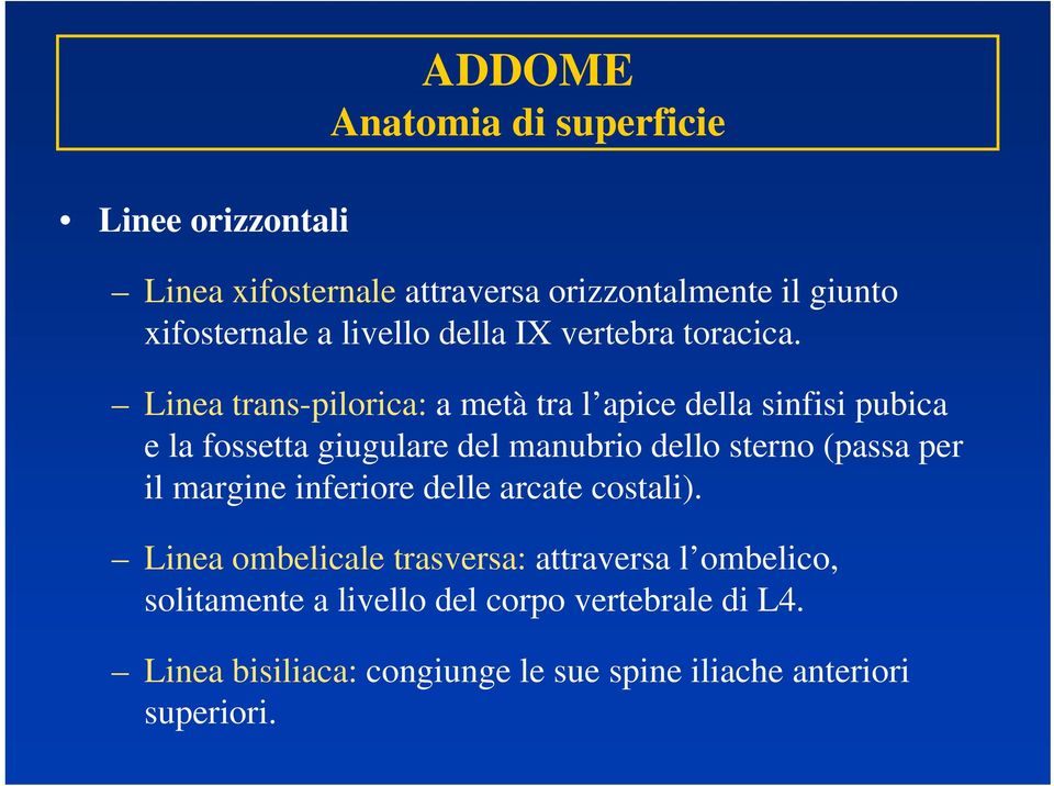 Linea trans-pilorica: a metà tra l apice della sinfisi pubica e la fossetta giugulare del manubrio dello sterno (passa per